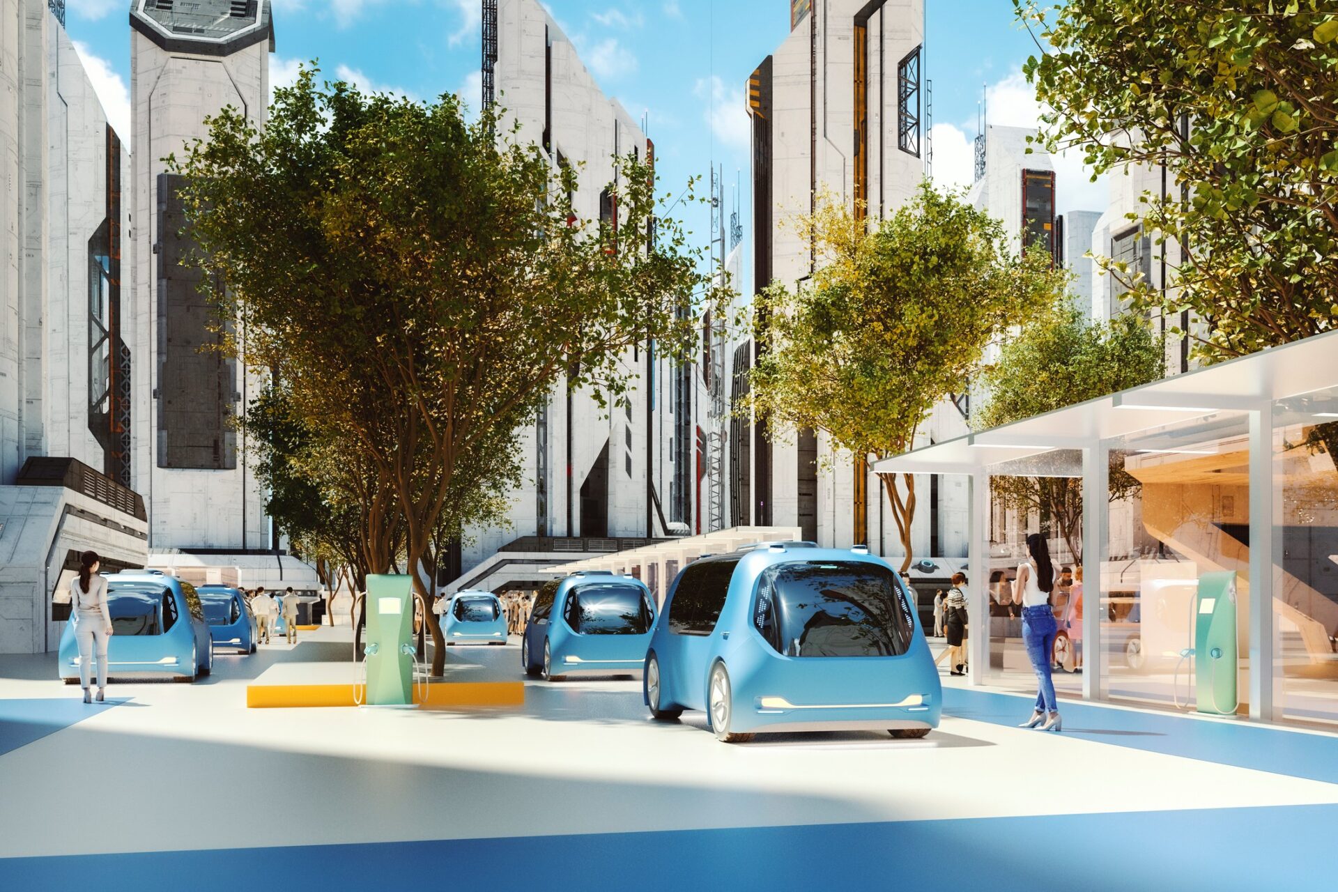 Centro de una ciudad futurista con vehículos eléctricos y personas