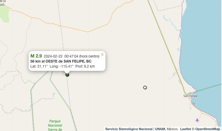 Microsismo hoy 22 de febrero de 2024 en San Felipe, Baja California