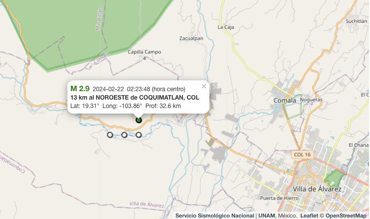 Nuevo microsismo hoy 22 de febrero de 2024 en Coquimatlán, Colima