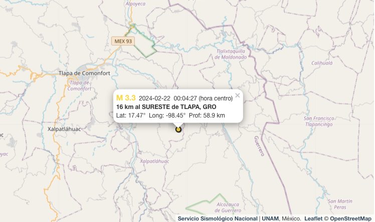 Sismo hoy 22 de febrero de 2024 en Tlapa, Guerrero