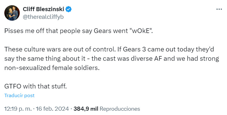 Así reaccionó Cliff Bleszinski a las afirmaciones de que Gears of War se volvió woke