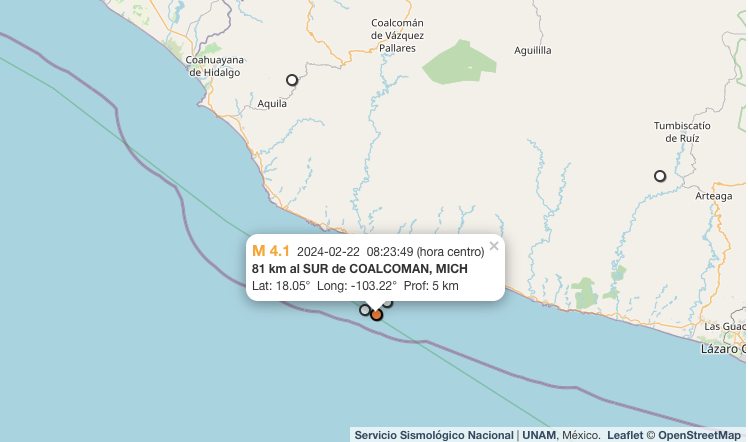 Sismo hoy 22 de febrero de 2024 en Coalcomán, Michoacán