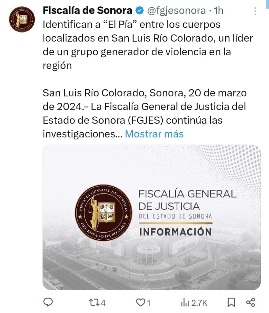 Comunicado por parte de la Fiscalía General de Sonora sobre el deceso de Samuel “El Comandante Pía”