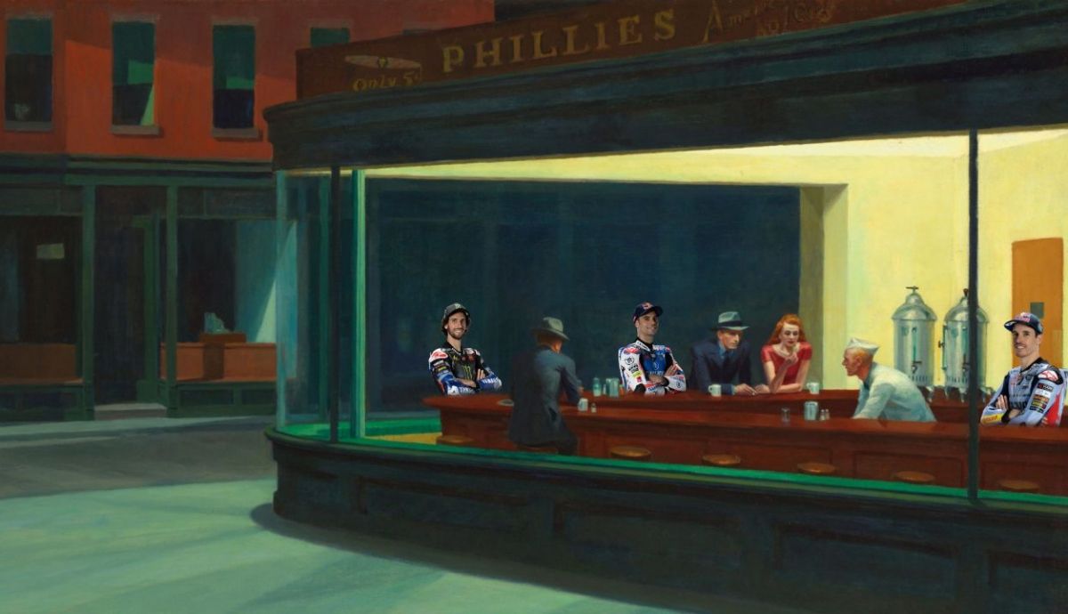 Álex Márquez, Álex Rins y Miguel Oliveira en Nighthawks, de Edward Hopper