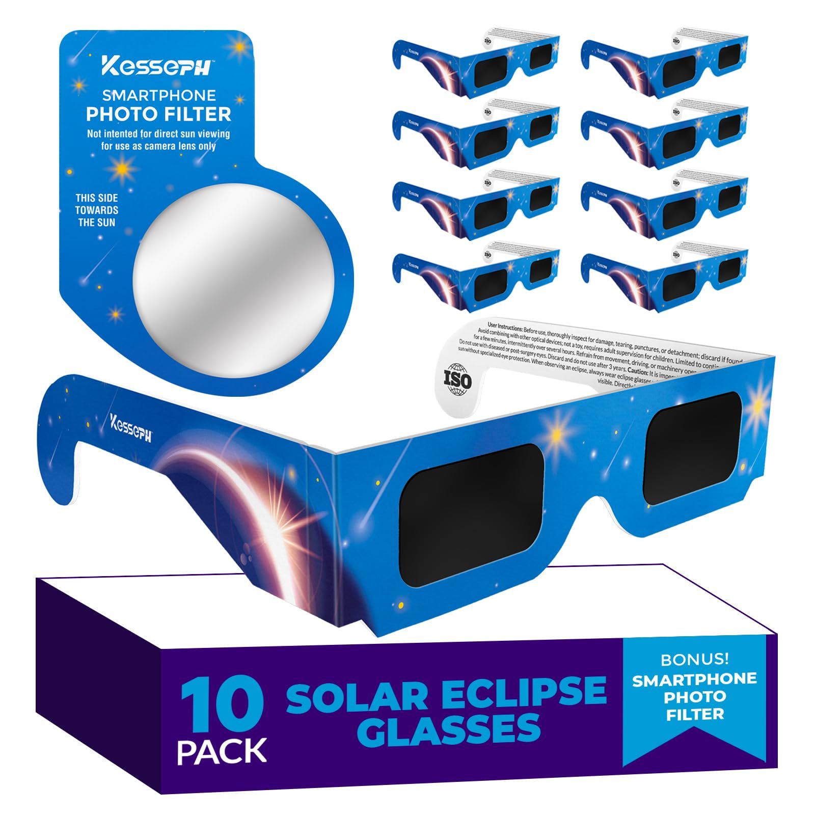 Gafas de eclipse solar aprobadas 2024, (paquete de 10) con certificación CE e ISO