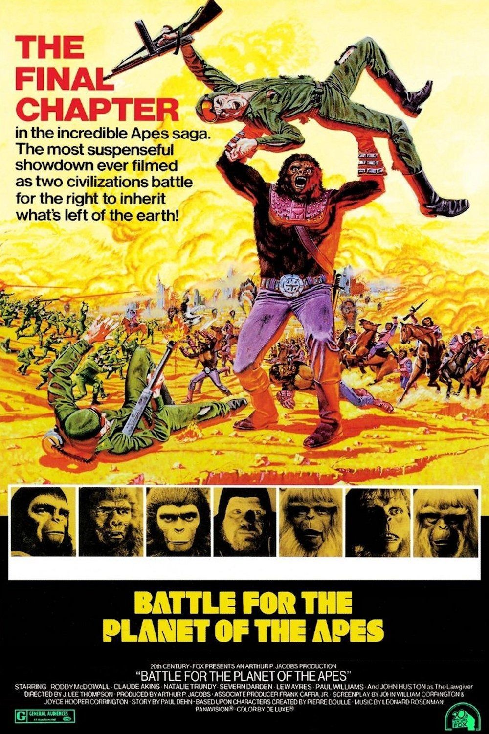 un cartel con un simio sosteniendo a un soldado humano encima de ellos y un ejército de simios y un ejército de humanos luchando al fondo