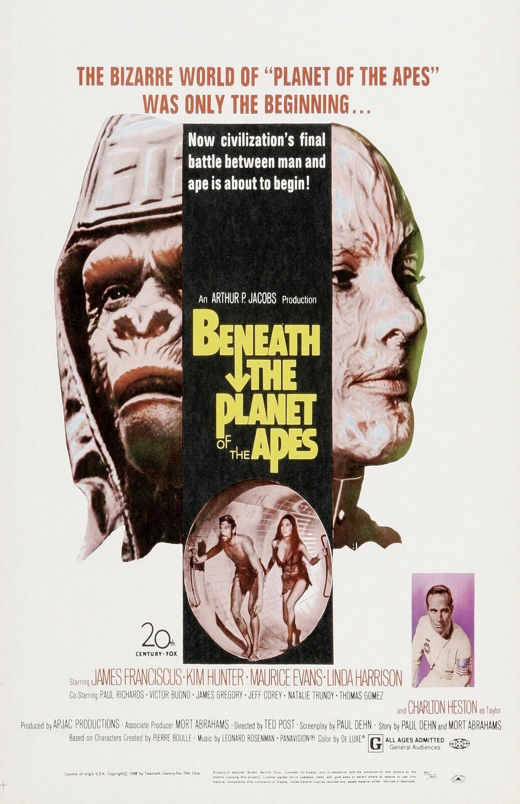 un cartel de película con un simio y un humano y luego dos humanos saliendo de un túnel