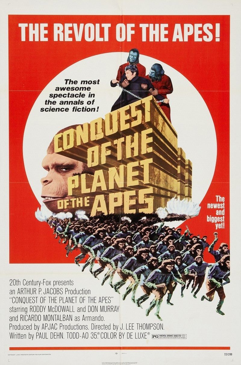 un cartel de una película que muestra un ejército de simios con armas de fuego