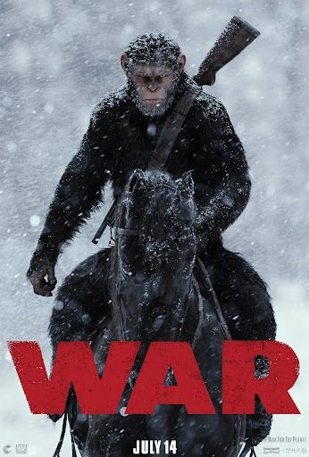 un cartel de movimiento con un simio a caballo con una pistola y la palabra guerra