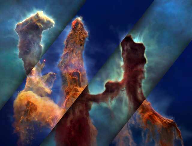 Estrella de los Pilares de la Creación en una nueva visualización de los telescopios Hubble y Webb de la NASA