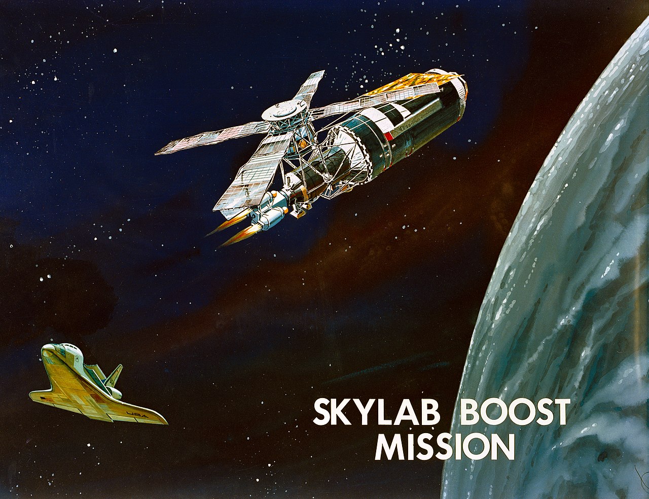 Ilustración de una propuesta de misión de impulso a Skylab por parte del transbordador espacial