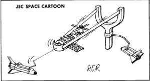 Una representación más extravagante del relanzamiento del Skylab por parte del transbordador espacial, dibujada por un caricaturista en el Centro Espacial Johnson de la NASA en Houston.